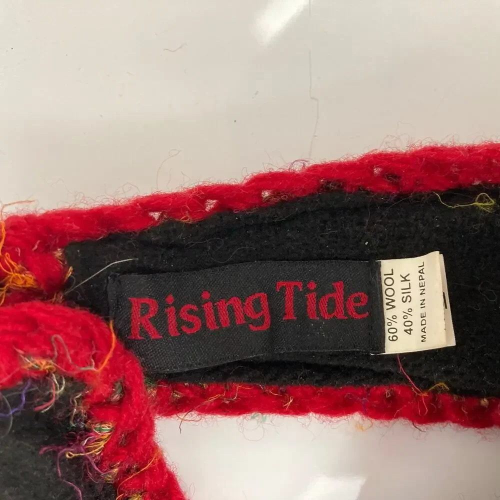 Rising Tide Wool Silk Blend Knit Headband Red Black Flower Fleece Lined Nepal